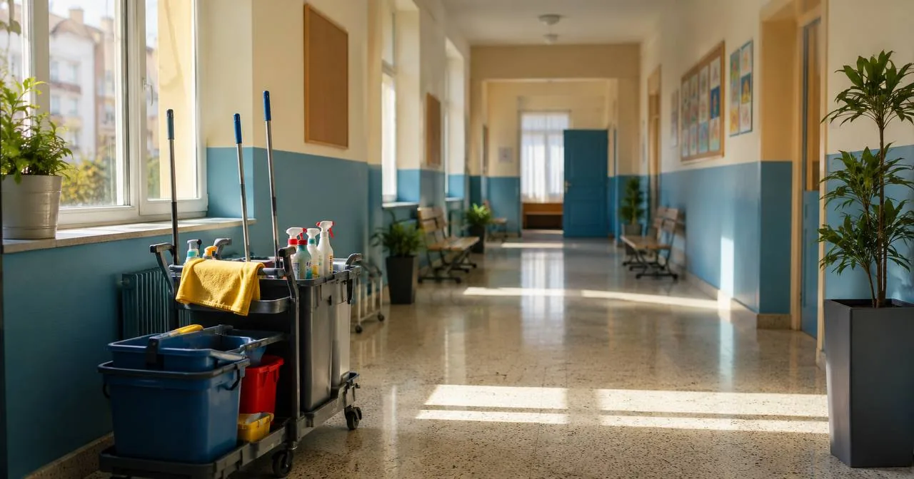 Καθαρός σχολικός διάδρομος με εξοπλισμό καθαριότητας